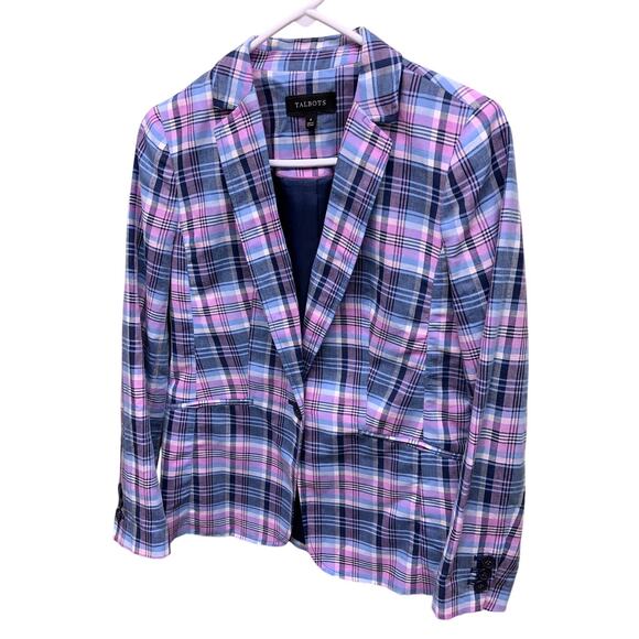 Talbots Blue Pink Plaid Linen Blend 1 Button Vented Back Blazer Jacket Size 4 - Picture 2 of 8